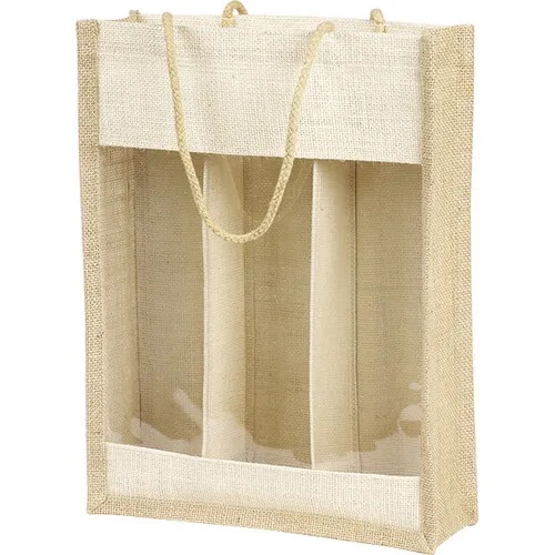 031700000006.jpg Saco Juta Natural c/ alças c/ janela PVC 3 Garrafas 27x9x36cm – Norpack - Image 1