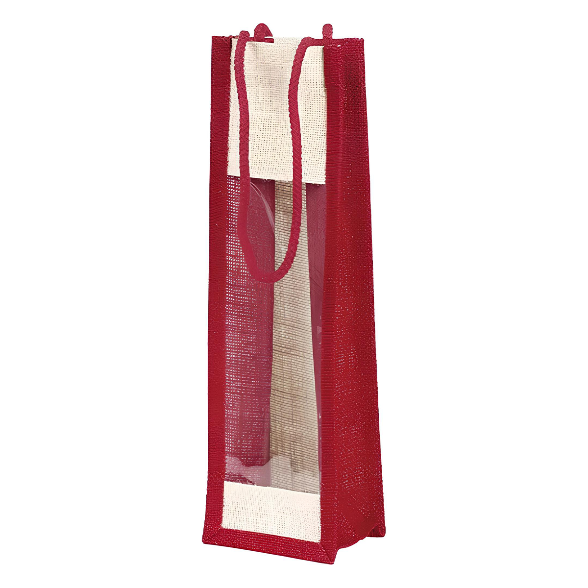 031700000008.png Saco Juta Vermelho c/ alças c/ janela PVC 1 Garrafa 10x9x36cm – Norpack - Image 1
