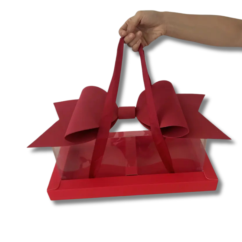 1-7-1.png Caixa Cartolina Vermelha C/ Tampa PVC C/ Laço 42x22x18cm (Medida Exterior) - Ideal para Bolo+Flores – Norpack - Image 1