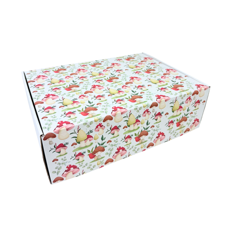 1-retangular.png Caixa Cartão Postal Branca 370mmx270mmx120mm Padrão Cogumelos – Norpack - Image 1