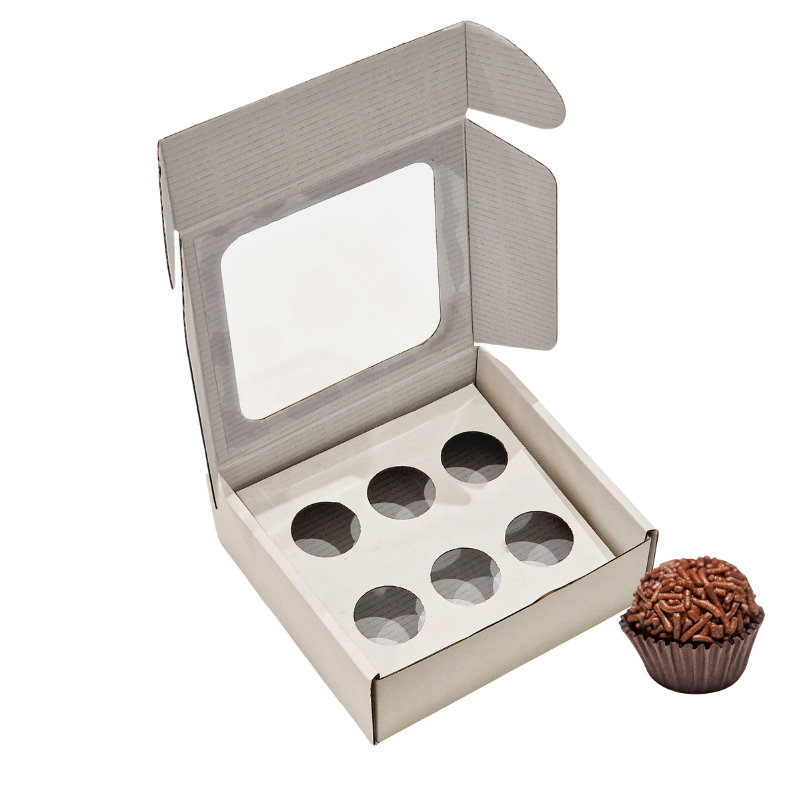 110300000024.png Caixa Cartão Micro Branco 140x140x50mm 6 brigadeiros c/ janela Quadrada – Norpack - Image 1