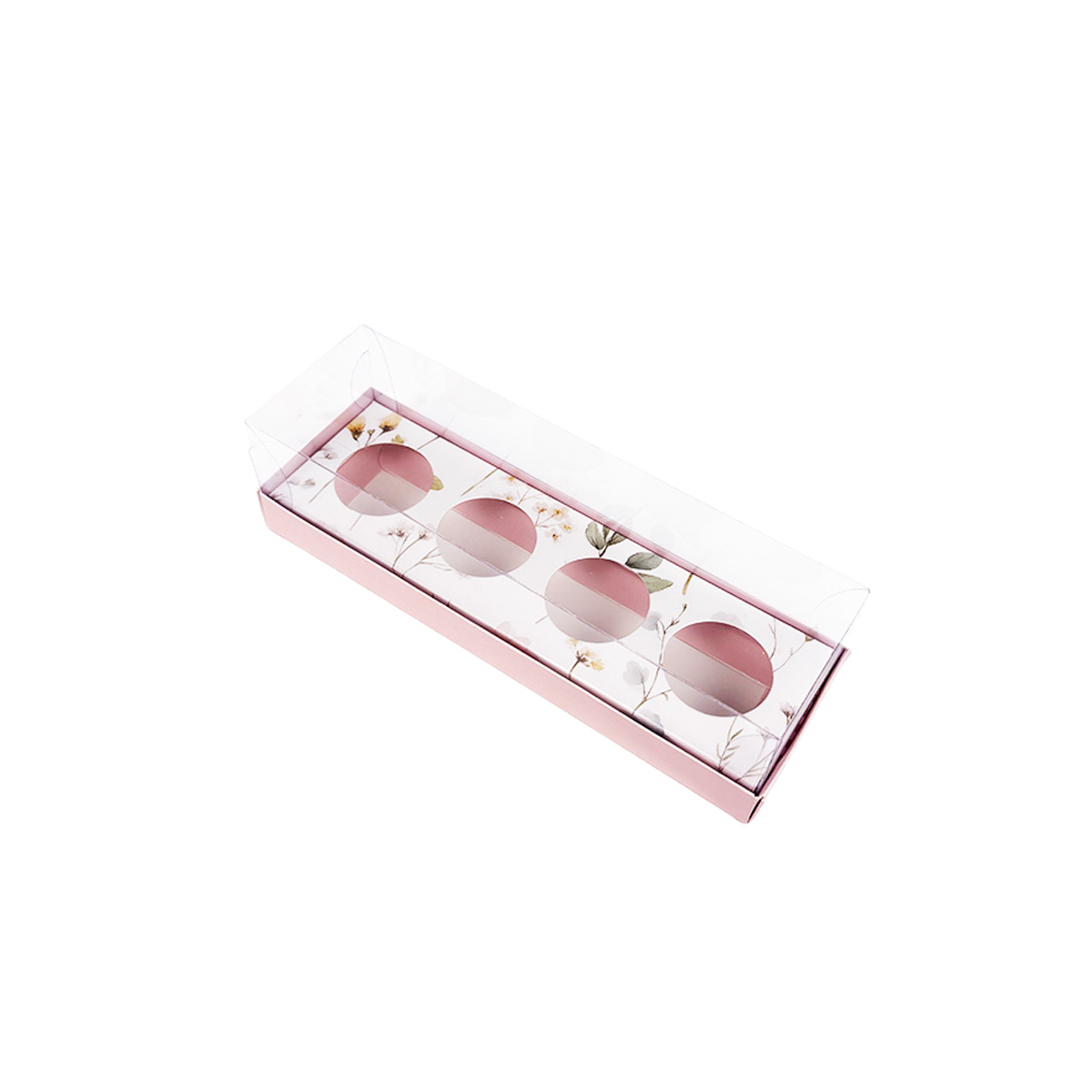 110300000172-2.jpg Caixa Cartolina Rosa Claro c/ Padrão Floral c/ Tampa PVC p/ 4 brigadeiros 18x5x5,5cm – Norpack - Image 1