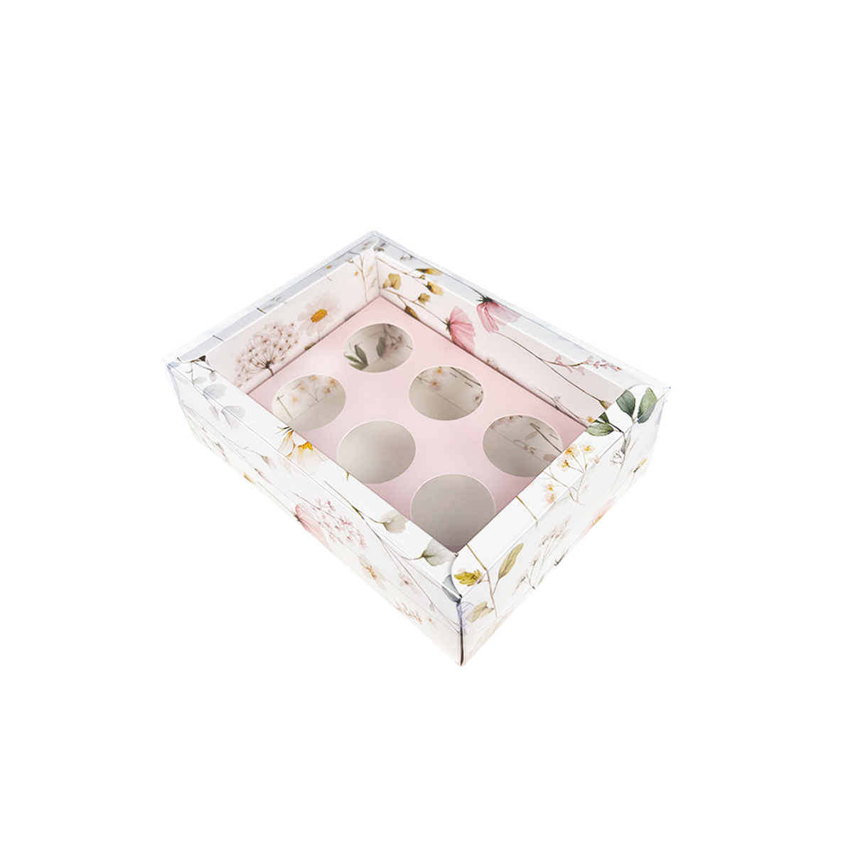 110300000173-3.jpg Caixa Cartolina Padrão Floral c/ Ninho Rosa Claro c/ Tampa PVC p/ 6 brigadeiros 16x12x5cm – Norpack - Image 1