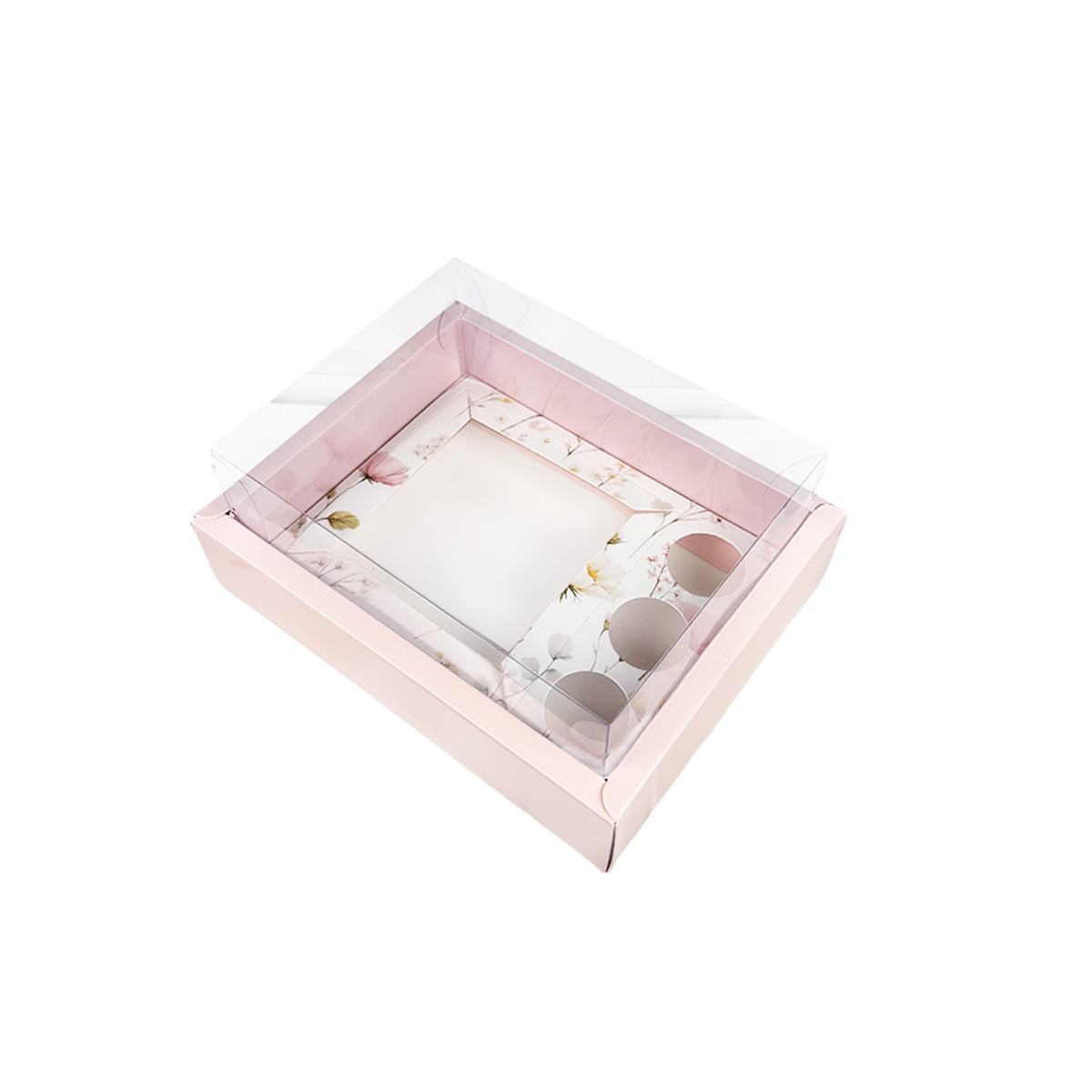 110300000175-1.jpg Caixa Cartolina Rosa Claro c/ Padrão Floral c/ Tampa PVC p/ Bento cake + 3 brigadeiros 20x16x5cm – Norpack - Image 1