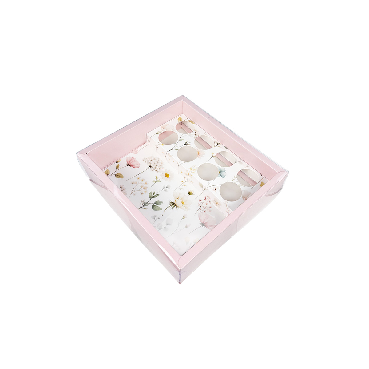 110300000176-1.jpg Caixa Cartolina Rosa Claro c/ Padrão Floral c/ Tampa PVC p/ 8 brigadeiros + espaço livre 22x20x5cm – Norpack - Image 1