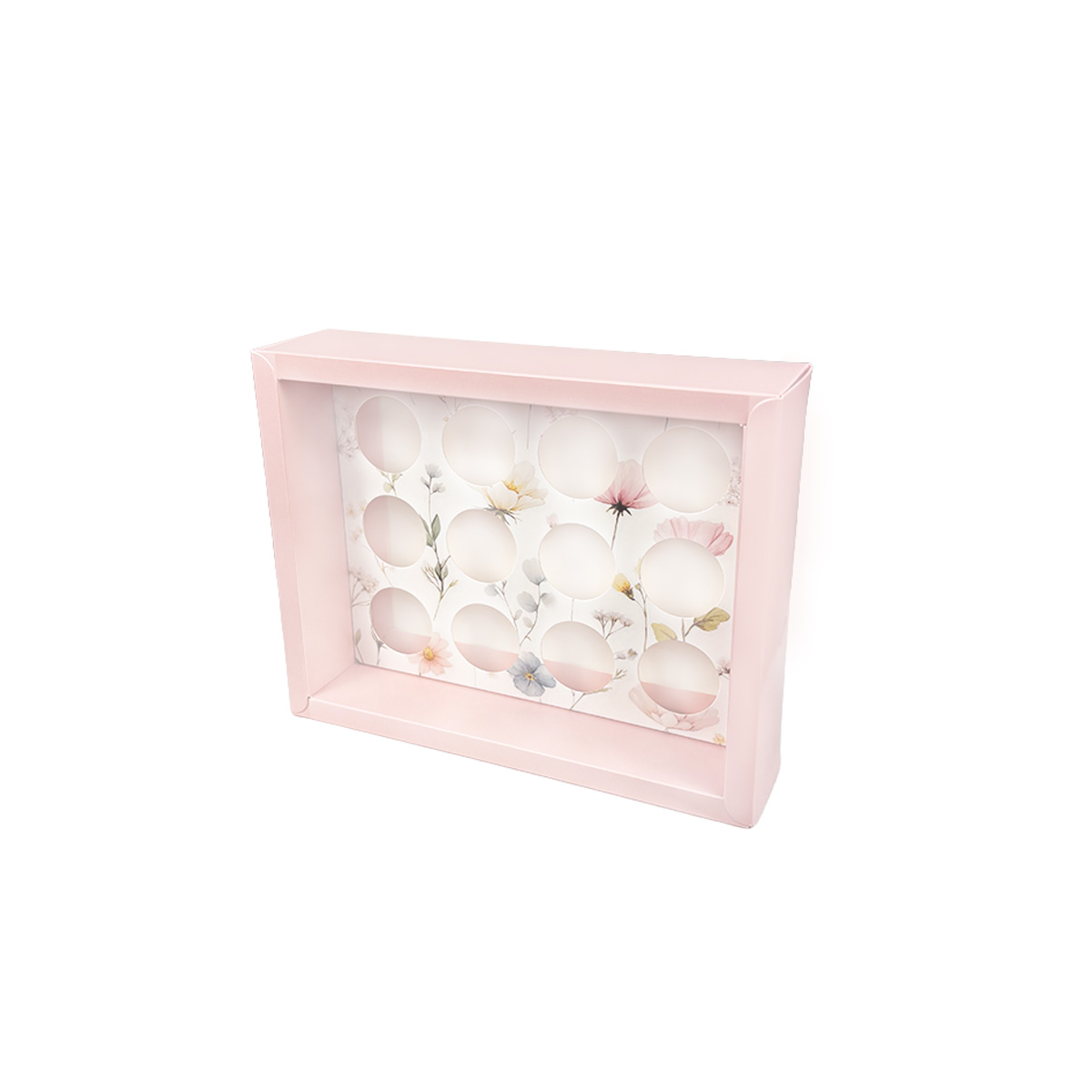 110300000178-1.jpg Caixa Cartolina Rosa Claro c/ Padrão Floral c/ Tampa p/ 12 brigadeiros 20x16x5cm – Norpack - Image 1
