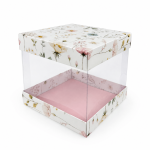 Caixa Cartolina Rosa Claro c/ Padrão Floral c/ Tampa PVC p/ Bento cake 15x15x15cm – Norpack