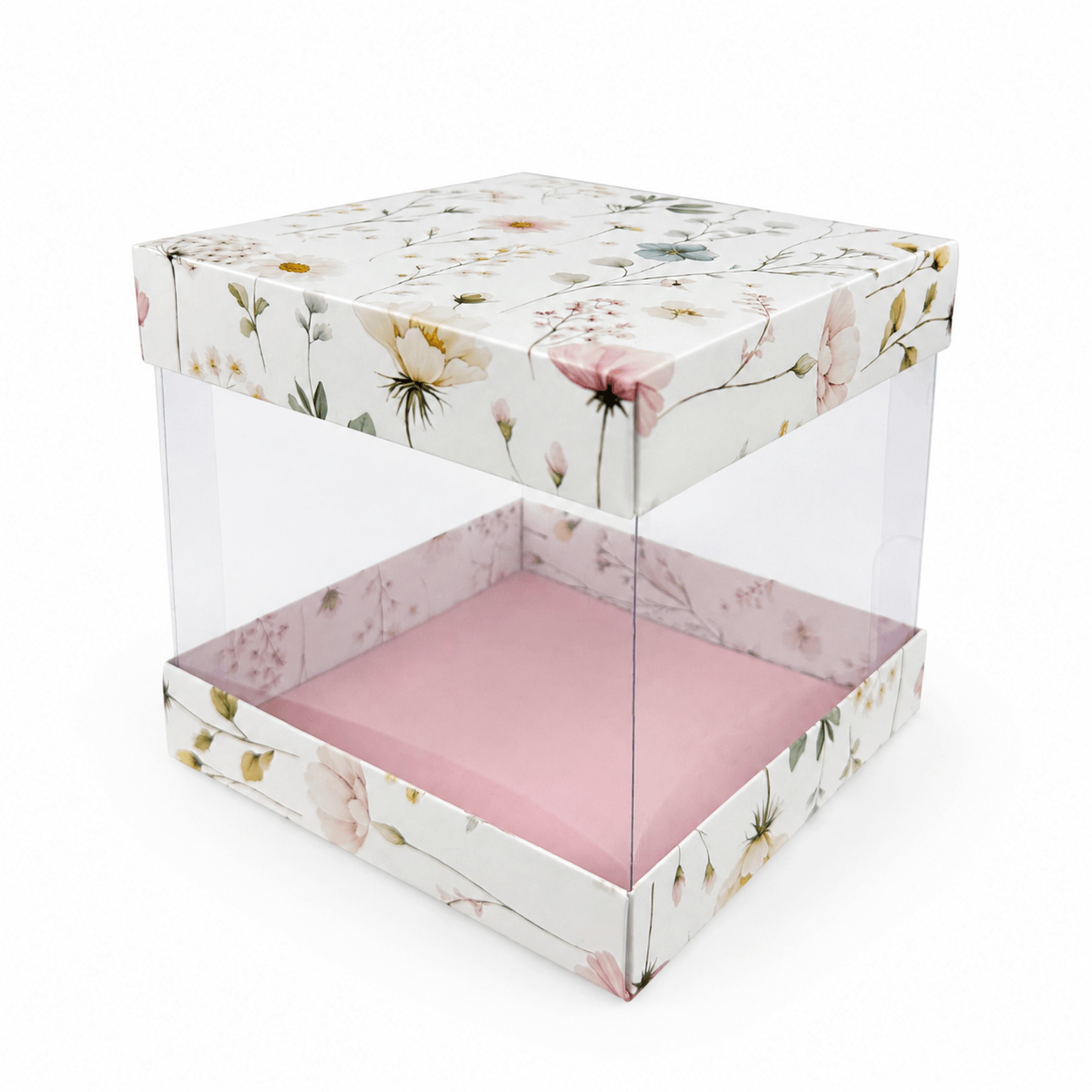 110300000181_1.png Caixa Cartolina Rosa Claro c/ Padrão Floral c/ Tampa PVC p/ Bento cake 15x15x15cm – Norpack - Image 1