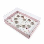 Caixa Cartolina Rosa Claro c/ Padrão Floral c/ Tampa PVC p/ 10 brigadeiros forma coração 25x17x6,5cm – Norpack