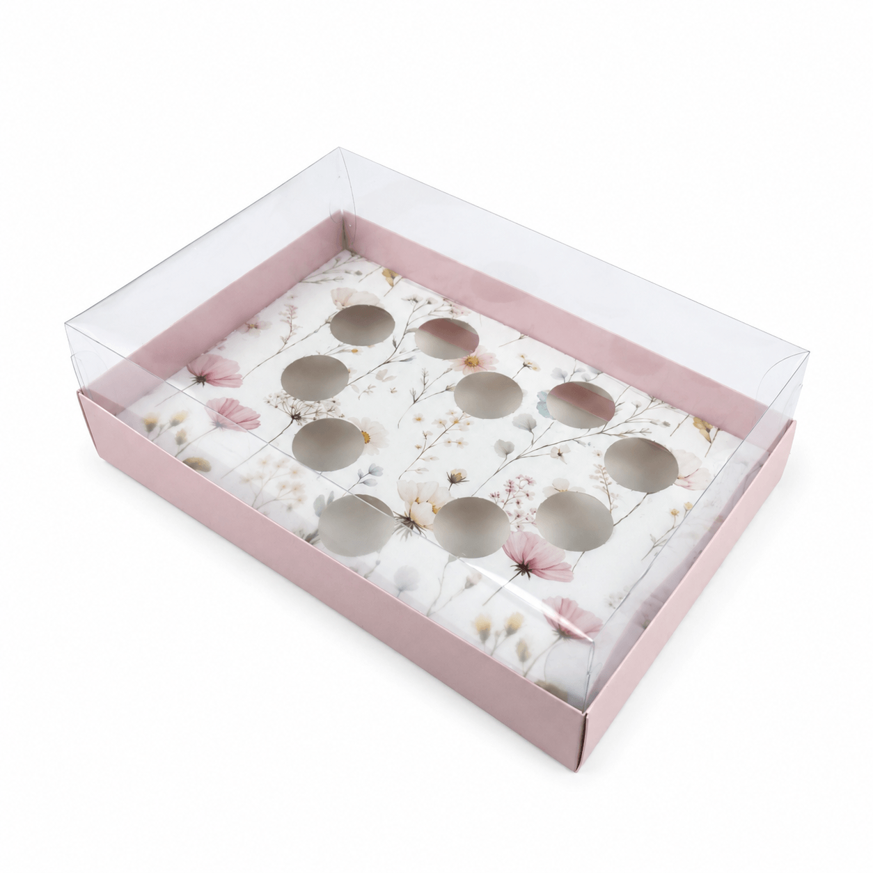 110300000182_1.png Caixa Cartolina Rosa Claro c/ Padrão Floral c/ Tampa PVC p/ 10 brigadeiros forma coração 25x17x6,5cm – Norpack - Image 1