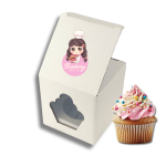 Caixa Cartão Micro Branco p/ 1 Cupcake 8,5x8,5x8,5cm c/ janela formato cupcake c/ impressão – Norpack