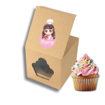 Caixa Cartão Micro Kraft p/ 1 Cupcake 8,5x8,5x8,5cm c/ janela formato cupcake c/ impressão – Norpack