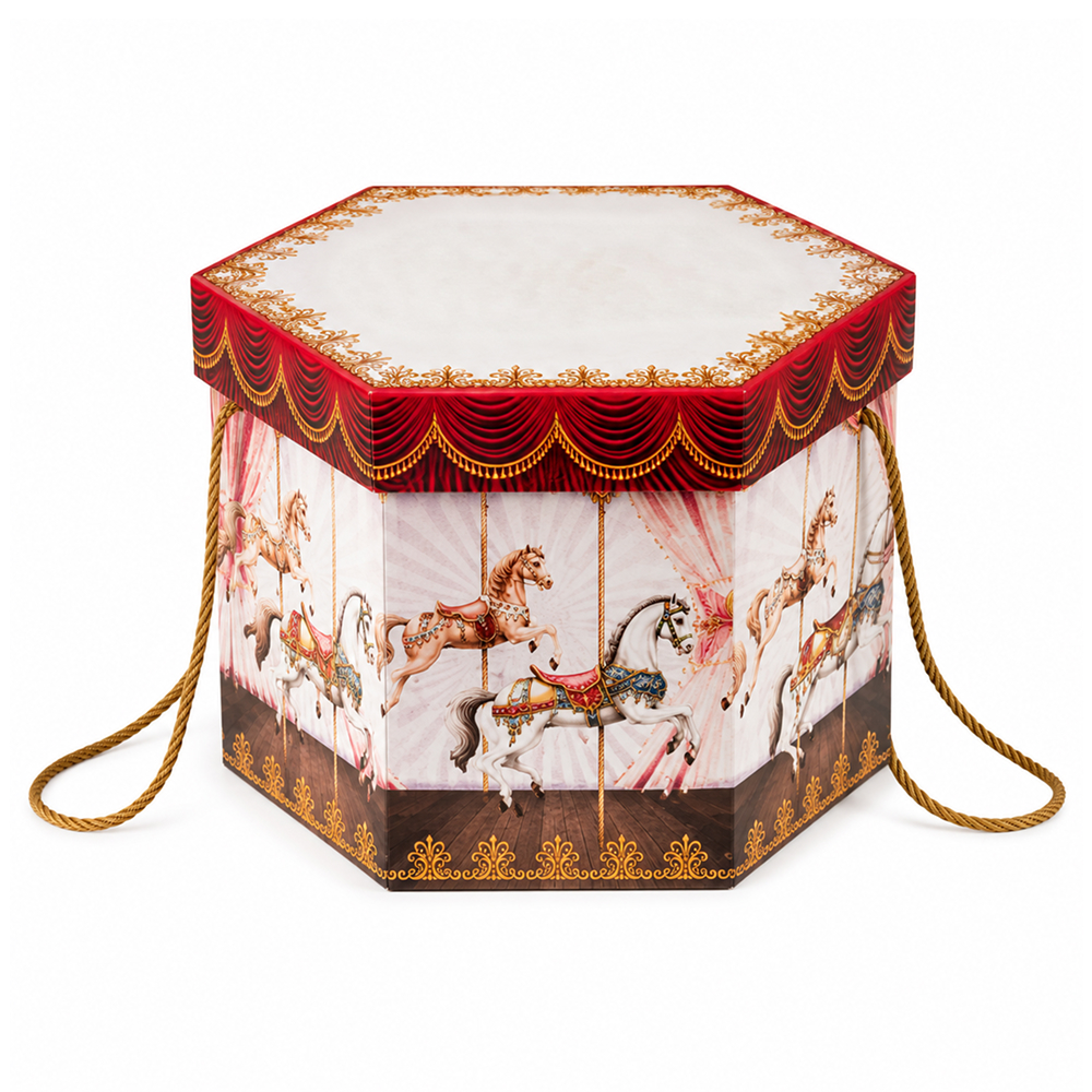 110500000146_2nnn.jpg Caixa Cartão p/ Panettone 1Kg c/ Tampa e Cordão Coleção Carrossel 24x24x18cm – Norpack - Image 1