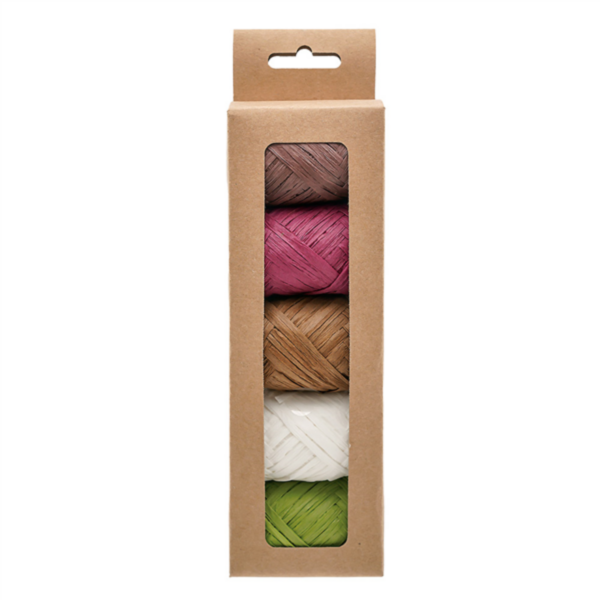 150500000032.png Pack Rafia 5 cores (castanho escuro, rosa, branco, verde e castanho claro) 10mtrs – Norpack - Image 1