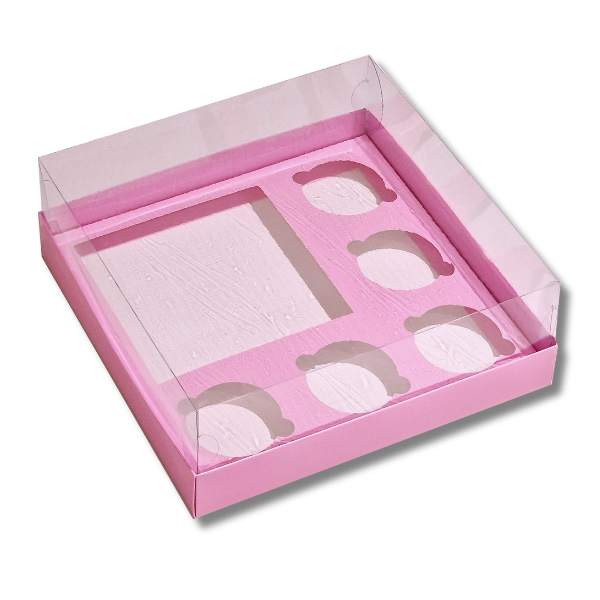 16-1.png Caixa Cartolina Rosa Chiclete c/ Tampa PVC p/ 1 Bentô Cake + 5 Cupcakes – Norpack - Image 1