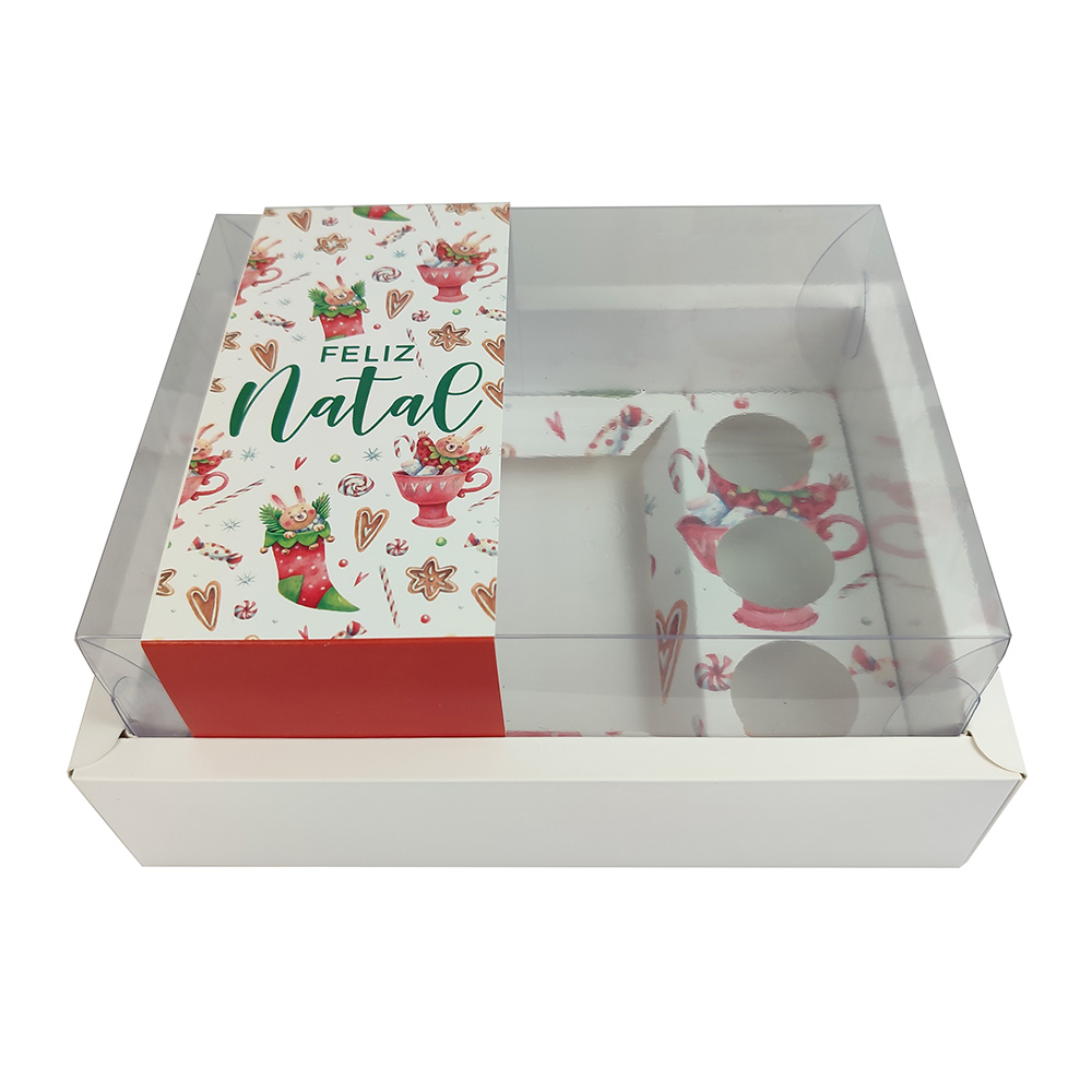 1695378449506.jpg Caixa Cartolina C/ Tampa PVC 1 Bentô Cake + 3 Brigadeiros Natal Coelho + Meia – Norpack - Image 1