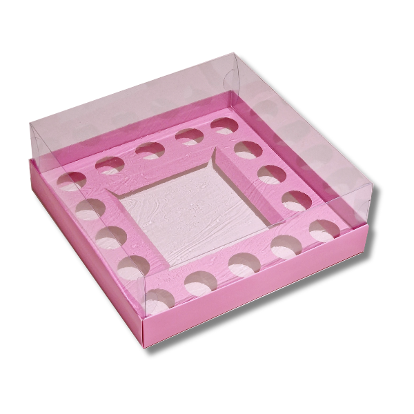 17-1.png Caixa Cartolina Rosa Chiclete c/ Tampa PVC p/ 1 Bentô Cake + 16 Brigadeiros – Norpack - Image 1