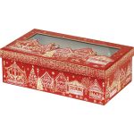 Caixa Cartão Cabaz / Presente Retangular Chalé Vermelho/Dourado c/ Janela 31,5x18x10cm – Norpack