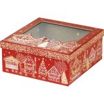 Caixa Cartão Cabaz / Presente Retangular Chalé Vermelho/Dourado c/ Janela 21x21x9cm – Norpack