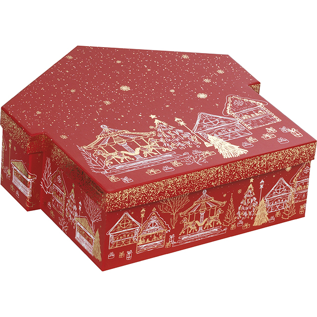 170100000224_1.jpg Caixa Cartão Cabaz / Presente Casa Chalé Vermelho/Dourado 31,4x31,7x10,4cm – Norpack - Image 1