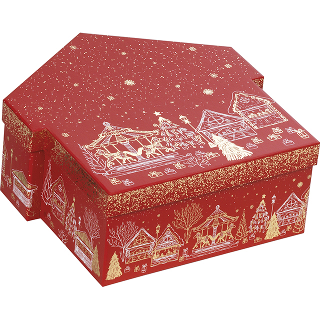 170100000226_1.jpg Caixa Cartão Cabaz / Presente Casa Chalé Vermelho/Dourado 25,6x26,4x10,4cm – Norpack - Image 1