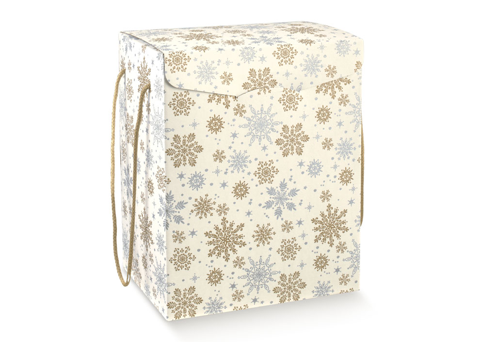 170100000297.jpg Caixa Cartão Cabaz/Presente Pérola c/ Flocos de Neve C/ Cordão 245x245x180mm – Norpack - Image 1