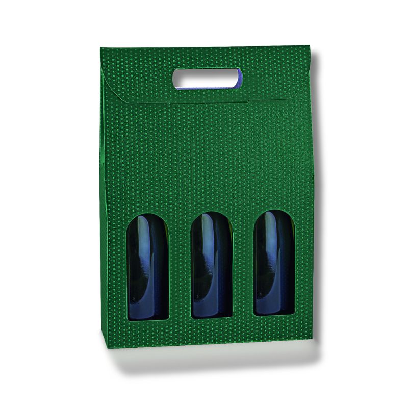 170100000423.jpg.jpg Caixa Cartao Verde c/ bolinhas para 3 Garrafas c/ janela 270x90x385mm – Norpack - Image 1