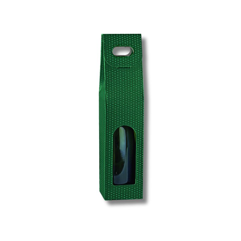 170100000425.jpg.jpg Caixa Cartao Verde c/ bolinhas para 1 Garrafa c/ janela 90x90x385mm – Norpack - Image 1