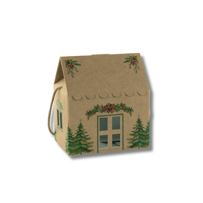 170100000495.png Caixa Cartão Casinha Kraft / Verde c/ cordão 200x140x140mm – Norpack - Image 1