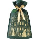Saco TNT Natal Verde Cidade Festiva c/ Fita Cetim Ouro e Etiqueta 33x55cm – Norpack