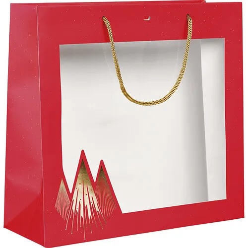 170800000066.jpg Saco Papel Natal Vermelho Pinheiros c/ janela 35x13x33cm – Norpack - Image 1