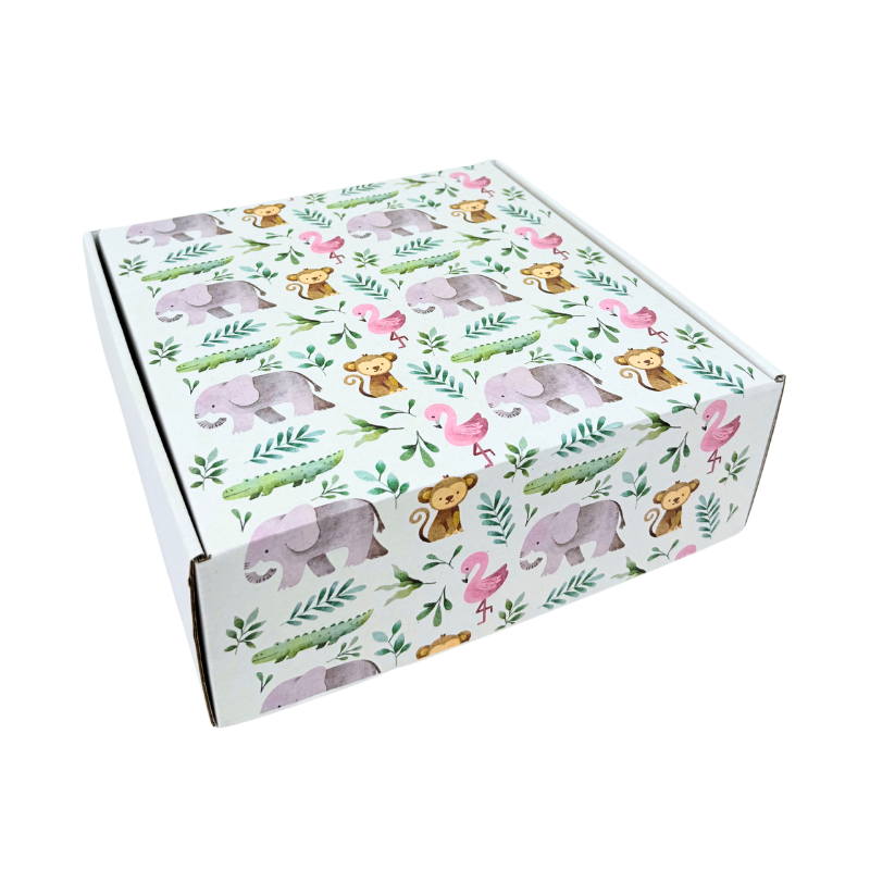 2-QUADRADA.png Caixa Cartão Postal Branca 250mmx250mmx90mm Padrão Elefantes, Flamingos e Macacos – Norpack - Image 1