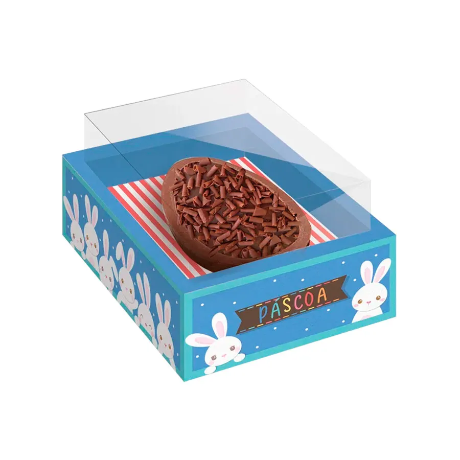 220100000034.webp Caixa de Páscoa para Meio Ovo (350g) c/ Janela – Pack 6 un. Design Azul Coelhinhos – Norpack - Image 1