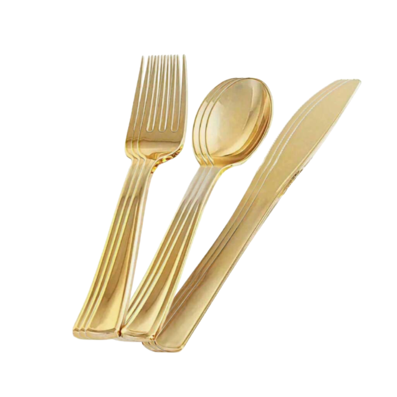 230500000186.png Conjunto Talheres Plástico Rigido Dourado (50 Facas + 50 Garfos + 50 Colheres) – Norpack - Image 1
