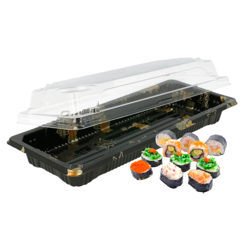 230600000014.png Caixa Plástica Fundo Preto com Tampa p/ Sushi 22,2x9,5x4,5cm – Norpack - Image 1