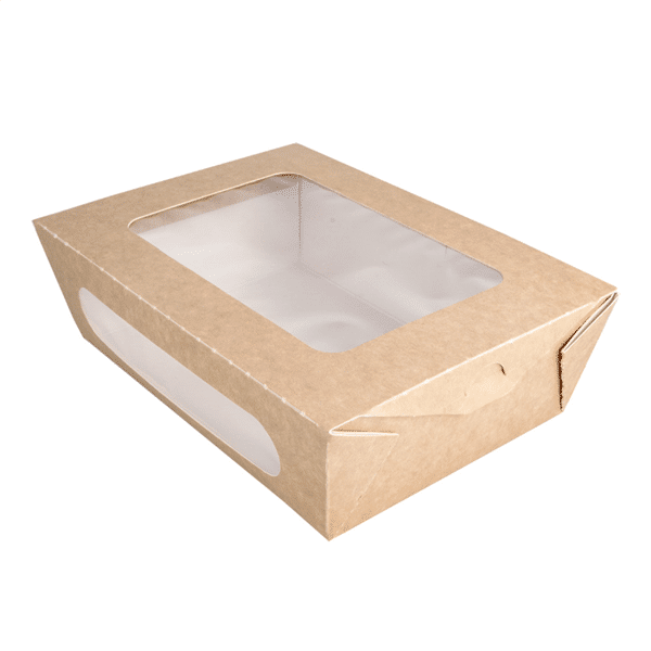 3001004962_embalsantos_caixa_saladeira-1.png Caixa Cartolina Kraft / branco c/ Janela 20,4x14,2x6cm 1200ml Pack 50 unidades - Pastelaria / Take Away / Presente – Norpack - Image 1