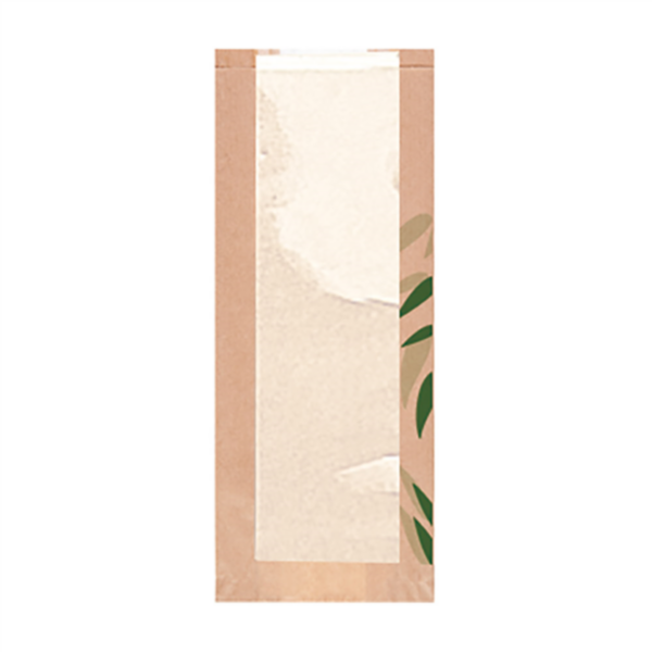 3001005387.webp Saco Papel Pão kraft c/ janela 14+4x35CM (impressão folhas verdes) Pack 500 unidades – Norpack - Image 1