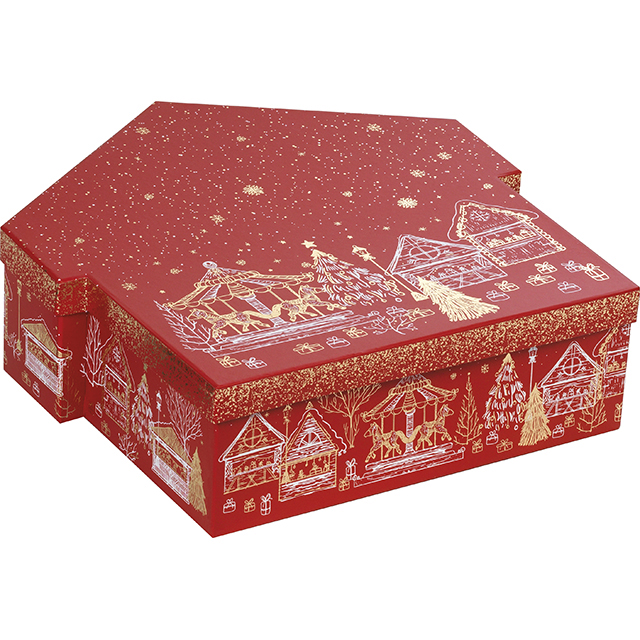 3001005950.jpg Caixa Cartão Cabaz / Presente Casa Chalé Vermelho/Dourado 34,6x35,5x10,4cm – Norpack - Image 1