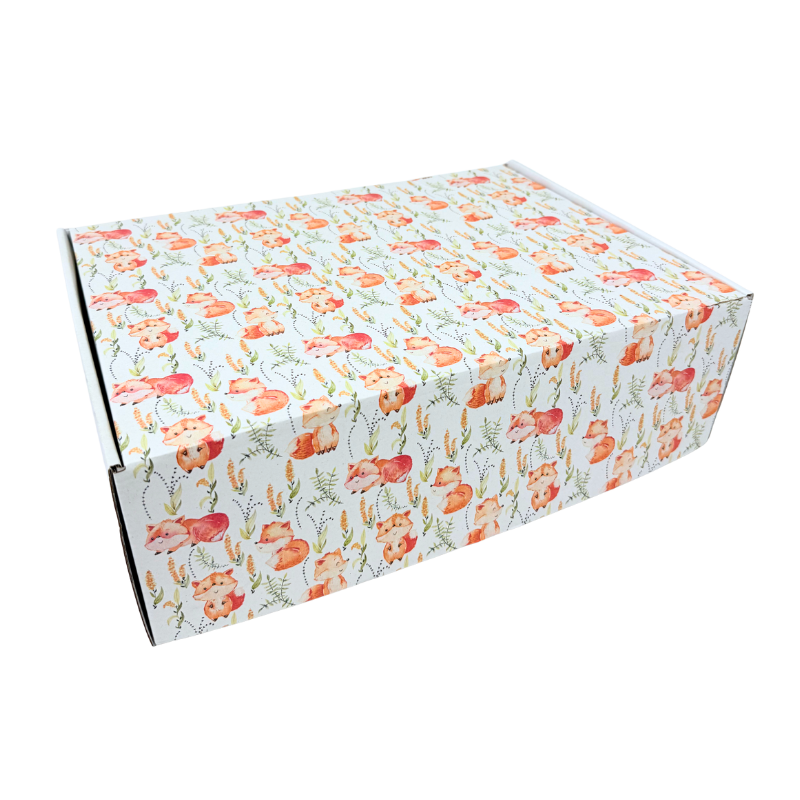 4-RETANGULAR-2.png Caixa Cartão Postal Branca 370mmx270mmx120mm Padrão Raposas e Plantas – Norpack - Image 1