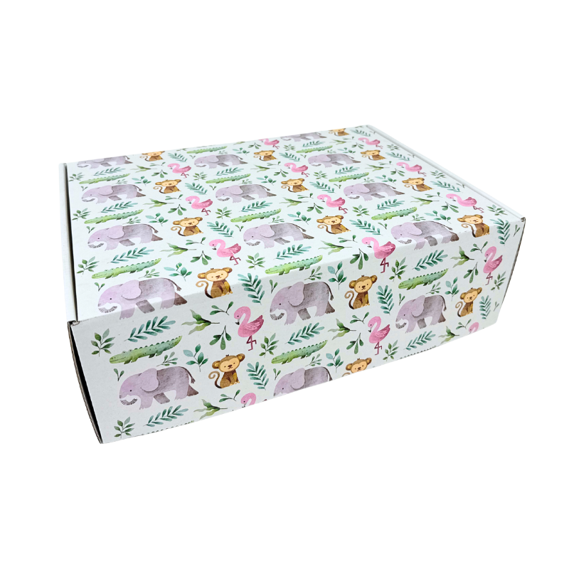 4-RETANGULAR.png Caixa Cartão Postal Branca 370mmx270mmx120mm Padrão Elefantes, Flamingos e Macacos – Norpack - Image 1