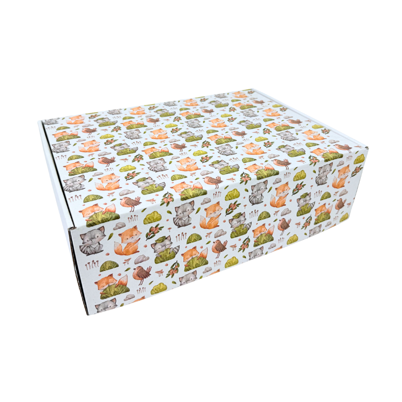 4-retangular-3.png Caixa Cartão Postal Branca 370mmx270mmx120mm Padrão Raposas e Pássaros – Norpack - Image 1