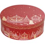 Caixa Cartão Presente Redonda Chalé Vermelho/Dourado Natal D33,5x12cm – Norpack