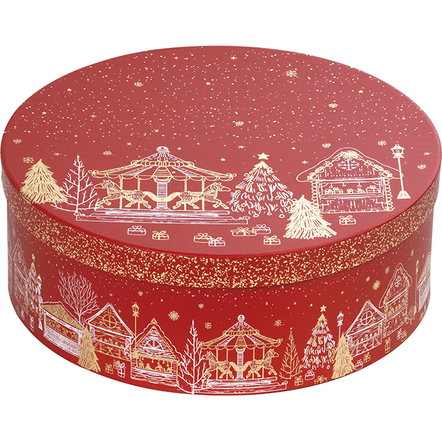 BF441M.jpg Caixa Cartão Presente Redonda Chalé Vermelho/Dourado Natal D33,5x12cm – Norpack - Image 1