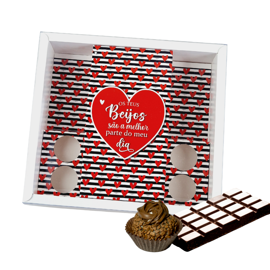 Brigadeiros-tablete-1.png Caixa Cartolina Branca c/ Tampa PVC p/ 1 Tablete + 8 Brigadeiros Corações – Norpack - Image 1