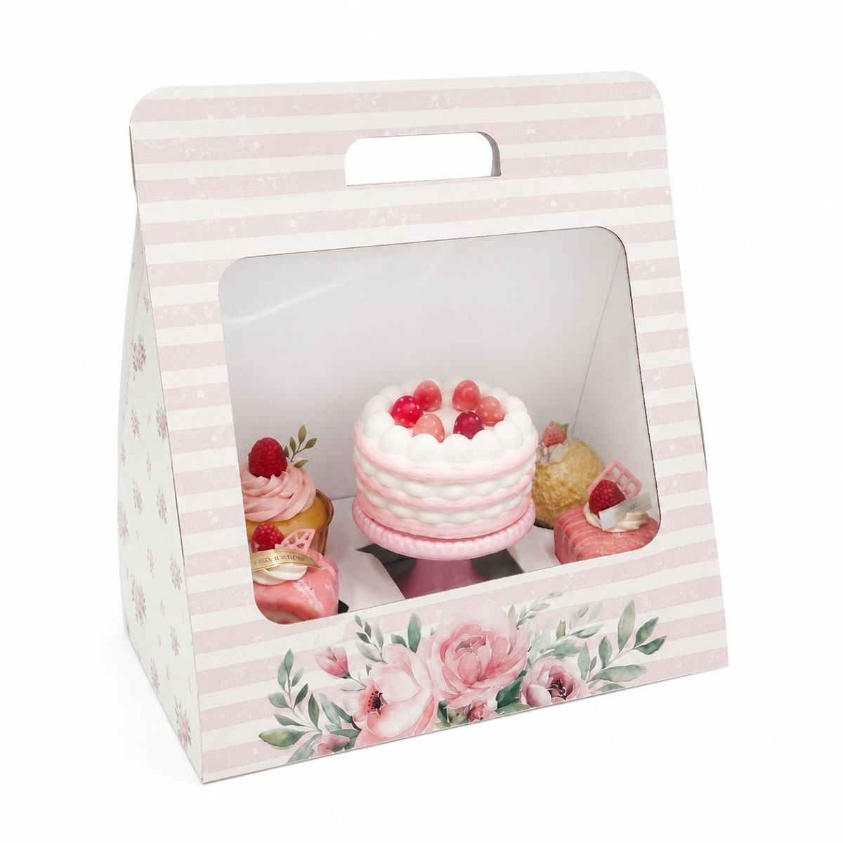 Caixa-Cartao-Branca-Pastelaria-p-4-Cupcakes-Bento-Cake-30x20x28cm-Riscas-Rosa.jpg Caixa Cartão Branca Pastelaria p/ 4 Cupcakes + Bento Cake 30x20x28cm Riscas Rosa – Norpack - Image 1