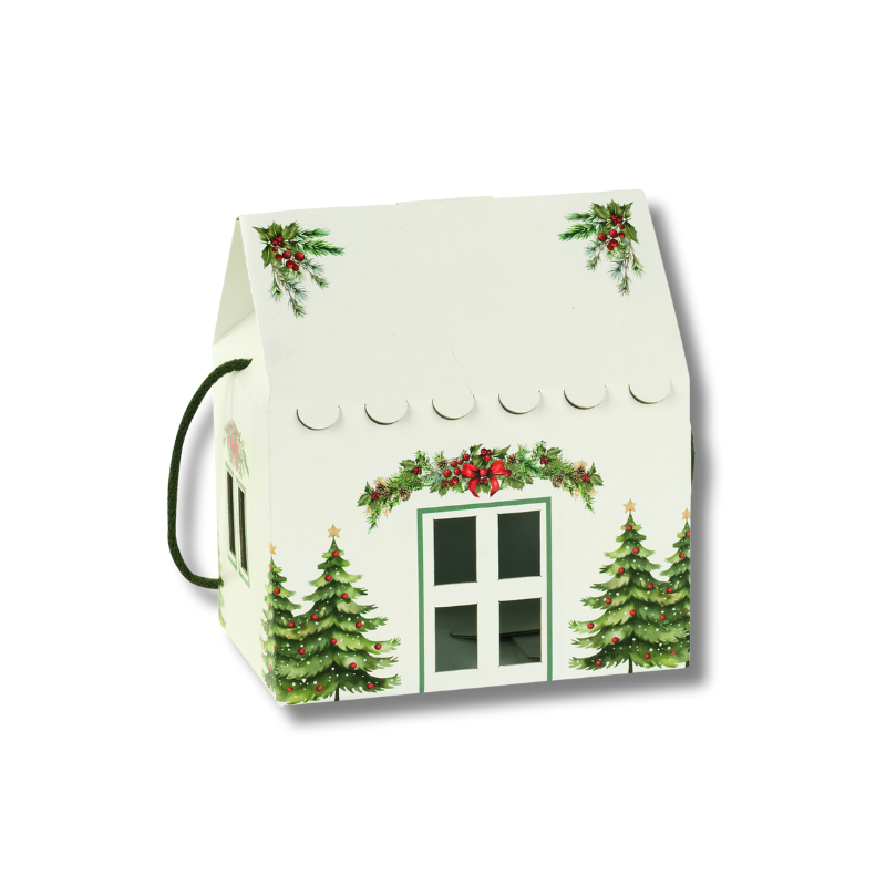 Caixa-Cartao-Casinha-Branca-Verde-c-cordao-200x140x140mm.png Caixa Cartão Casinha Branca / Verde c/ cordão 200x140x140mm – Norpack - Image 1