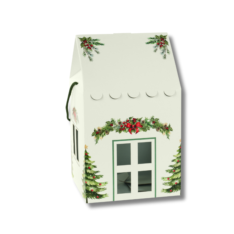 Caixa-Cartao-Casinha-Branca-Verde-c-cordao-230x230x260mm.png Caixa Cartão Casinha Branca / Verde c/ cordão 230x230x260mm – Norpack - Image 1
