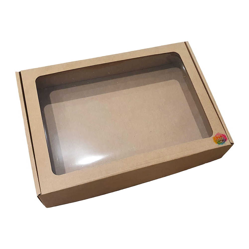 Caixa-presente-29x21x6-kraft_impressao_embalsantos.jpg Caixa Cartão Kraft Presente Pastelaria c/Janela 29x21x6cm c/Impressão – Norpack - Image 1