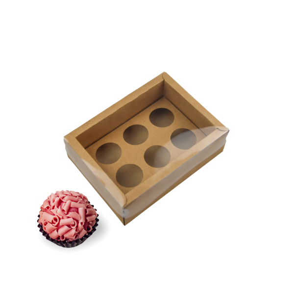 EMBALSANTOS_K6BRIG.png Caixa Cartolina Kraft c/ Tampa PVC p/ 6 Brigadeiros – Norpack - Image 1