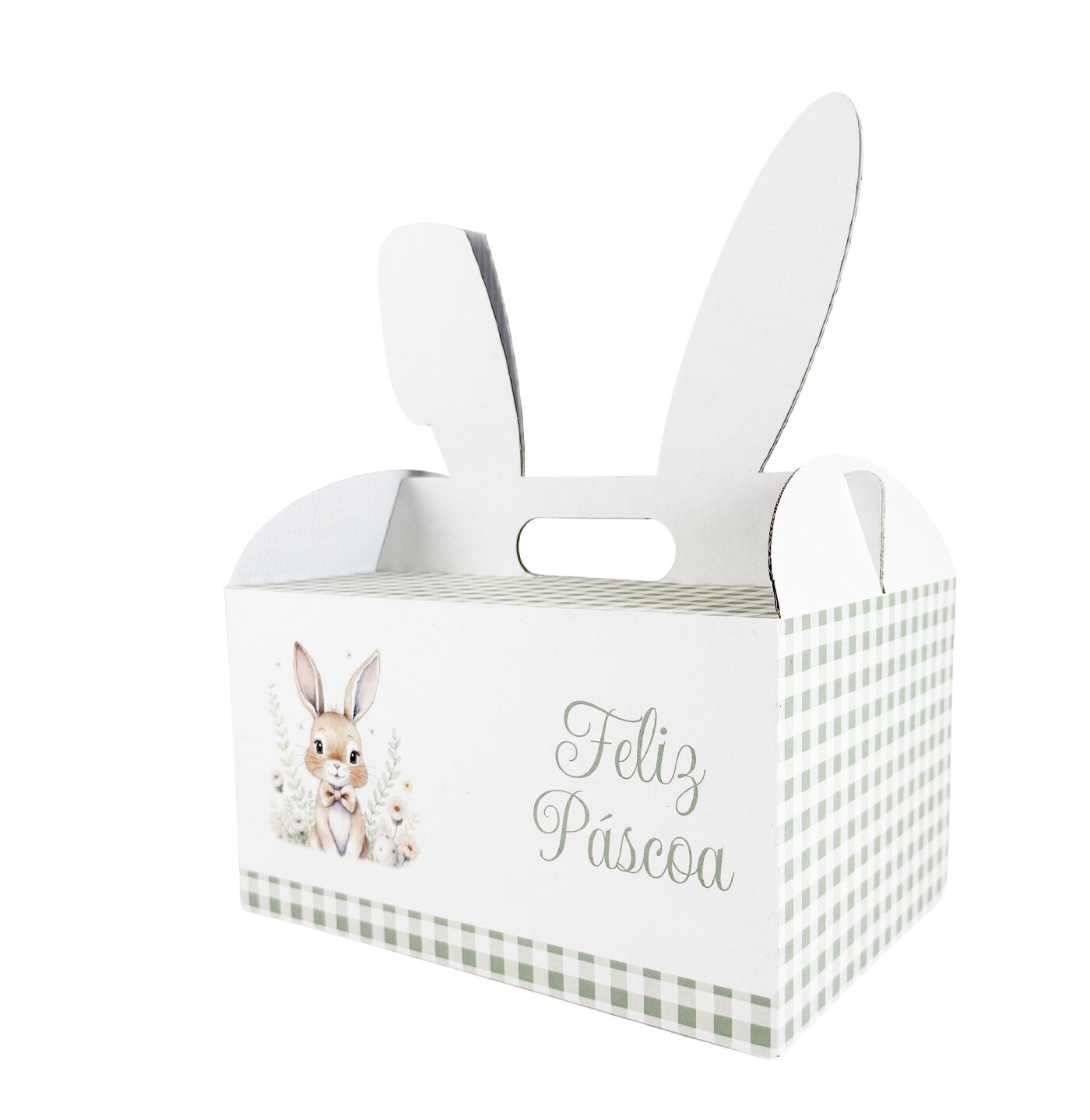 Produtco_1-e1771437431283.jpg Caixa Cartão Lunch Box Branca c/ Orelhas 28x20x15cm Páscoa Coelho c/ Laço – Norpack - Image 1